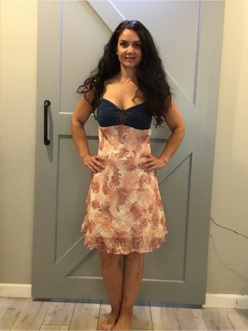 Hot Kiss Denim and Paisley Spaghetti Strap Dress